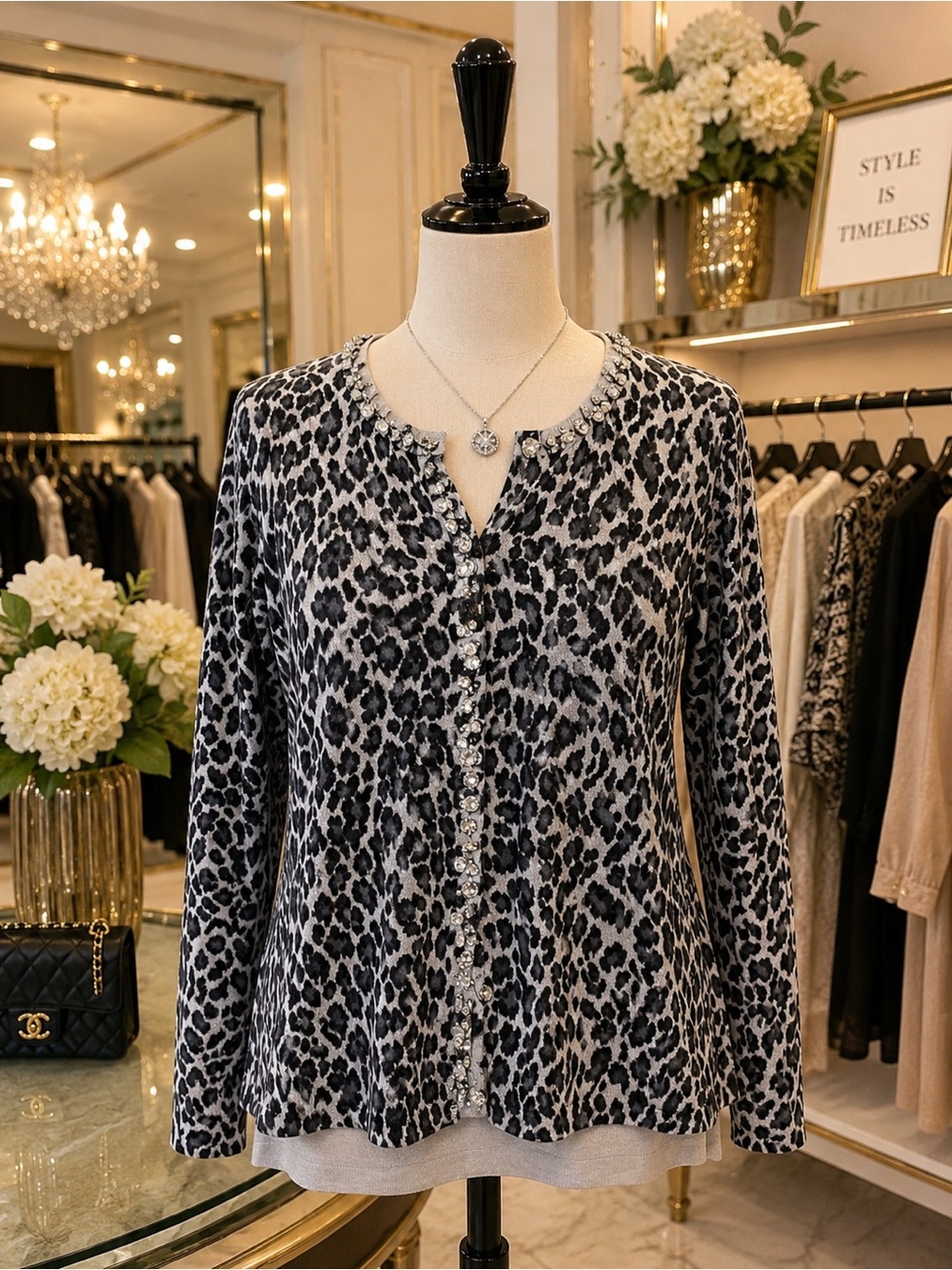 Quacker Factory Black & White Leopard Button-Front Top